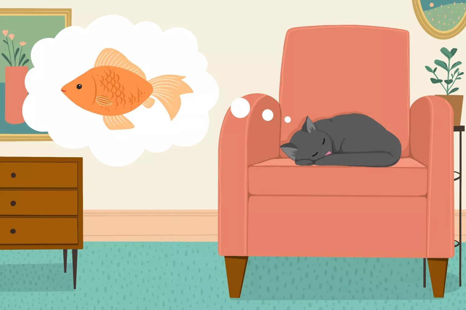 illustration of cat sitting on chair dreaming about a goldfish