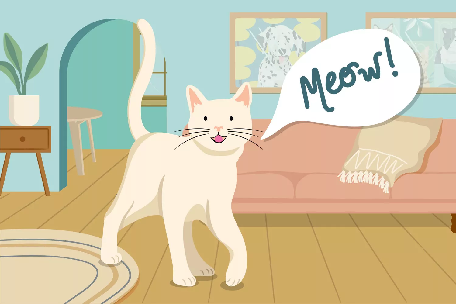 illustration of a cat meowing, setting in a contemporary living room; why is my cat meowing so much?